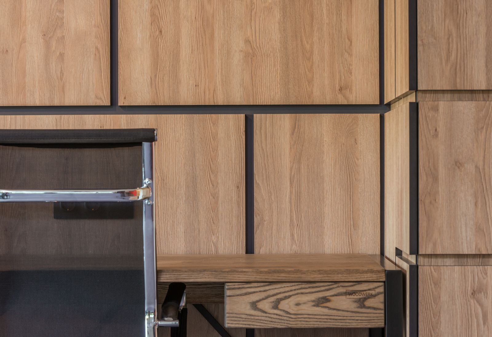 Panelled timber cabinetry in a work space